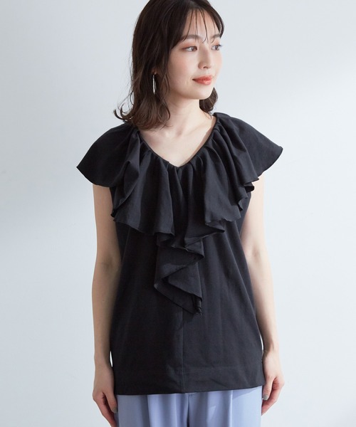 tシャツ （黒）可愛らしさを添えたプリーツフリルのニットカットソートップス レディース 楽天市場】胸元ギャザーフリルデザインAラインカットソー