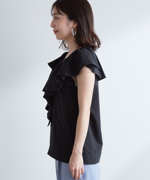 tシャツ （黒）可愛らしさを添えたプリーツフリルのニットカットソートップス レディース Sawa a la mode レディース トップス カットソー Tシャツ