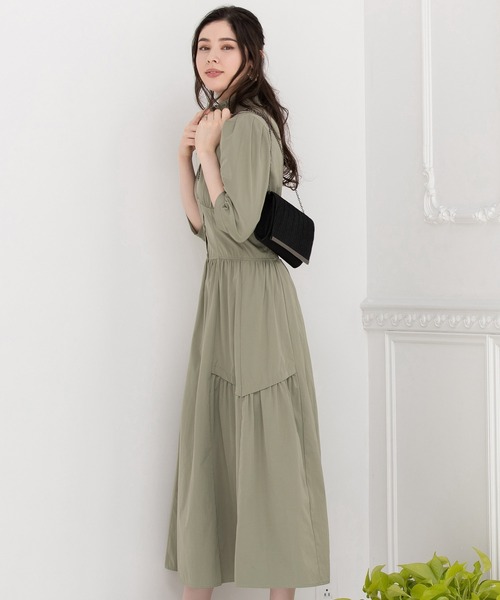 DRESS+ ワンピース フレア Aライン 袖付き スタンドカラー