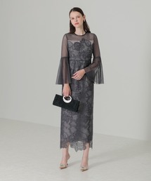 【Leja】異素材レースデコルテシアーAラインドレス結婚式パーティードレス Leja（レジャ）の「【LEJA】異素材レースデコルテシアー袖リボン