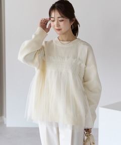 ニット セーター 新色追加「着映えトップス」アルパカタッチ チュールドッキングプルオーバー/ペプラムニット レディース