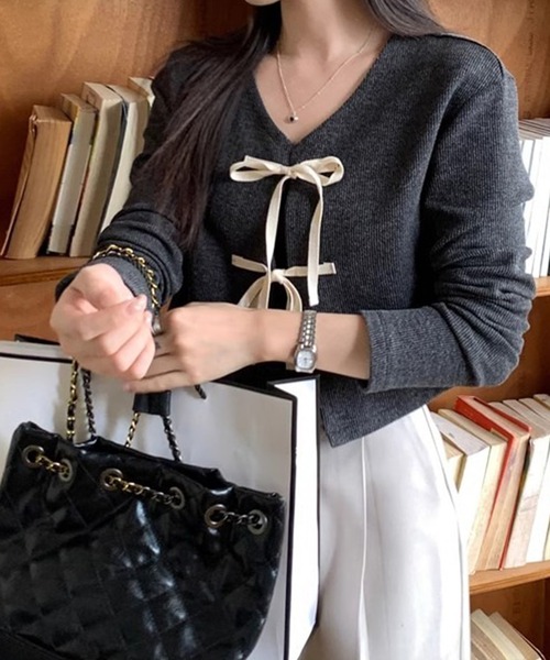 leune（ルネ） カーディガン ダブルリボンクロップカーディガン