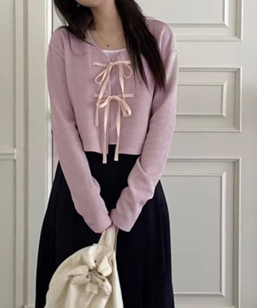 leune（ルネ） カーディガン ダブルリボンクロップカーディガン