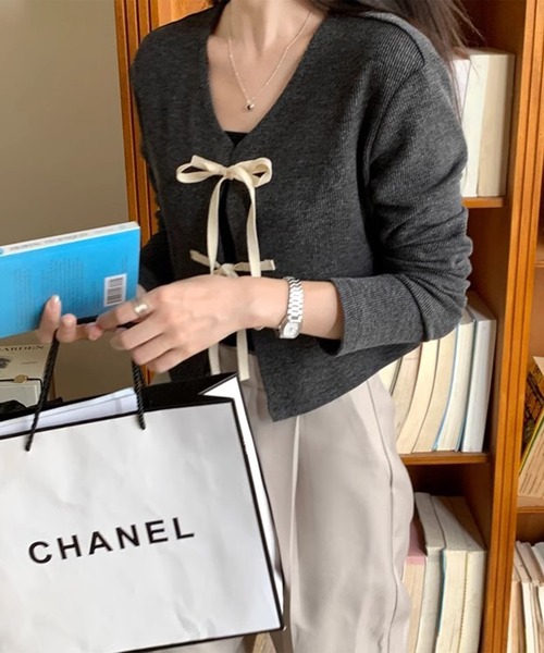 leune（ルネ） カーディガン ダブルリボンクロップカーディガン