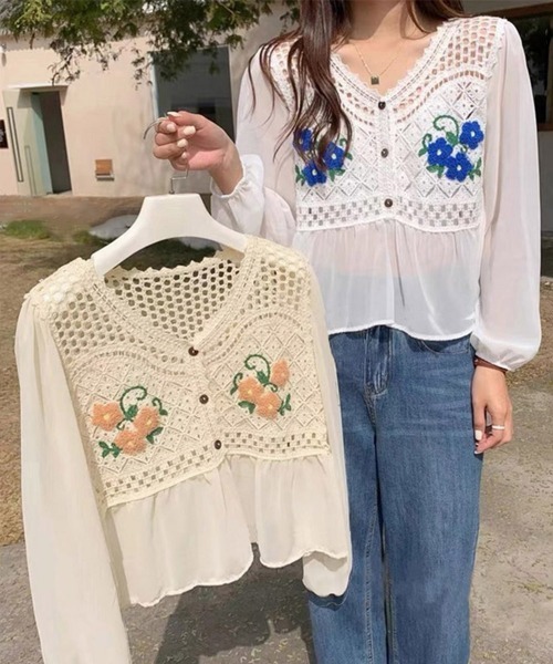 miniministore ブラウス シャツ 花刺しゅう シフォン袖 ニット