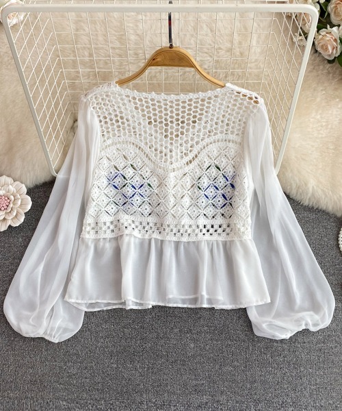 ツイストシフォン袖ラメ刺繍ブラウス miniministore ブラウス シャツ 花刺しゅう シフォン袖 ニット