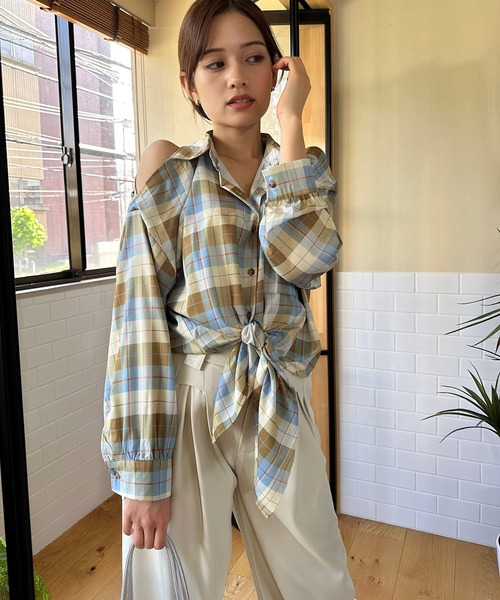 まひるです★リネンチェックワイドシャツ 40／－綿麻ペンチェック ちびワイド襟シャツ