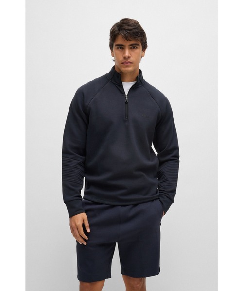 BOSS ストレッチコットン ジップネック スウェットシャツ BOSS(HUGO BOSS) トレーナー スウェット エンボスアートワーク