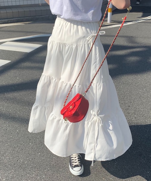 美品　Atlantique Ascoli ティアード　ロングスカート　リボン Atlantique Ascoli ロング・マキシ丈スカート S 紺 【古着