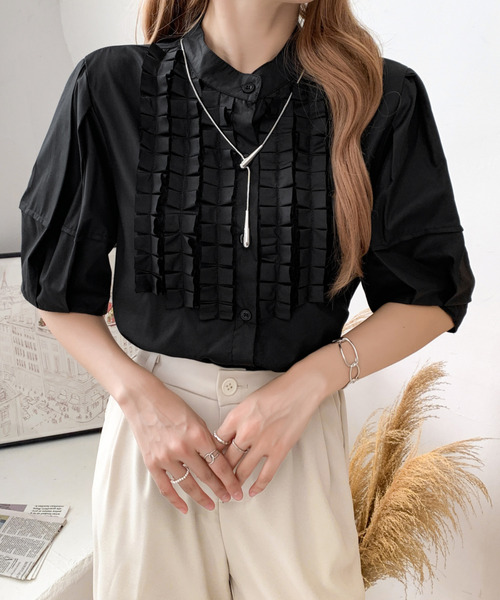 emi+ ブラウス シャツ 半袖 フロントタックデザインブラウス