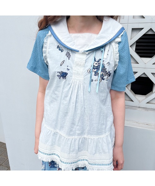 PINK HOUSE tシャツ 楊柳クレープセーラーカラーカットソー