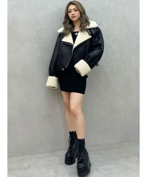 GYDA 黒 ボアレザージャケット ジェイダ GYDA ヴィンテージフェイクレザーボアジャケット