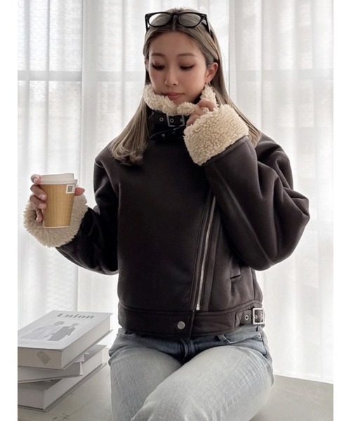 GYDA 黒 ボアレザージャケット ジェイダ GYDA ヴィンテージフェイクレザーボアジャケット