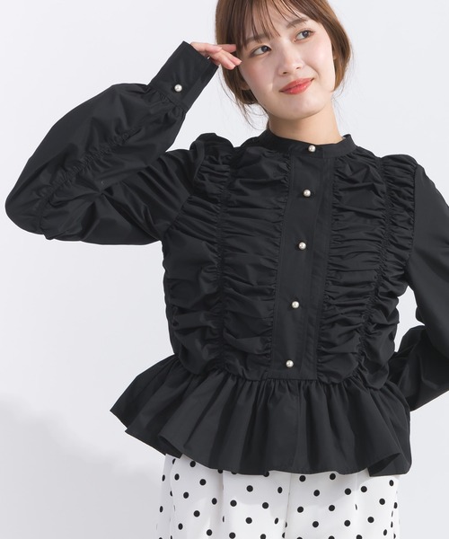 PICCIN PERLA ブラウス シャツ フロントシャーリングパールボタン 