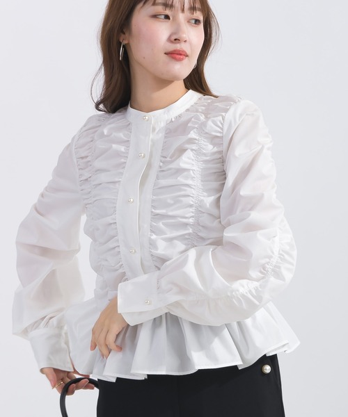 PICCIN PERLA ブラウス シャツ フロントシャーリングパールボタン