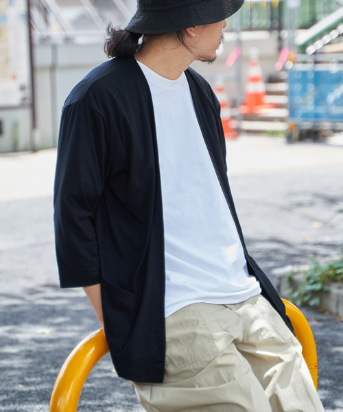 ikka カーディガン 7分袖バイカラーボタンレスカーディガン メンズ