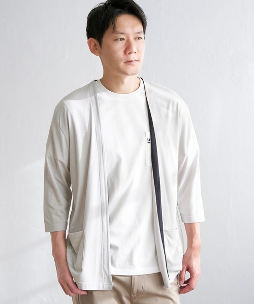 ikka カーディガン 7分袖バイカラーボタンレスカーディガン メンズ