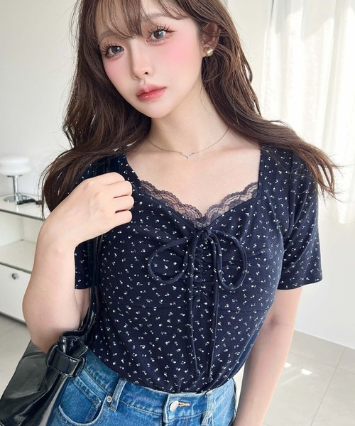 moment+ tシャツ 無地＆ドット＆花柄プリントフロントレース半袖