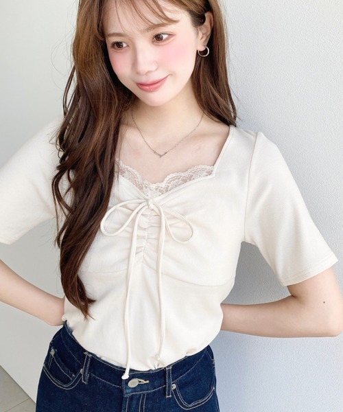 moment+ tシャツ 無地＆ドット＆花柄プリントフロントレース半袖