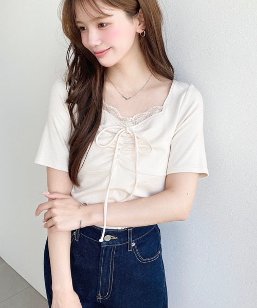 moment+ tシャツ 半袖 無地＆ドット＆花柄プリントフロントレース半袖