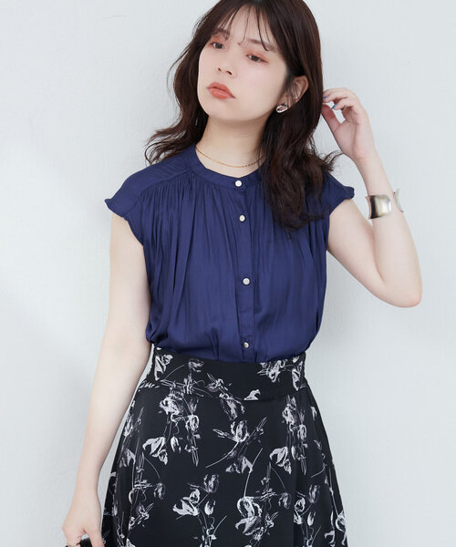 natural couture ブラウス シャツ とろみサテンノースリーブ
