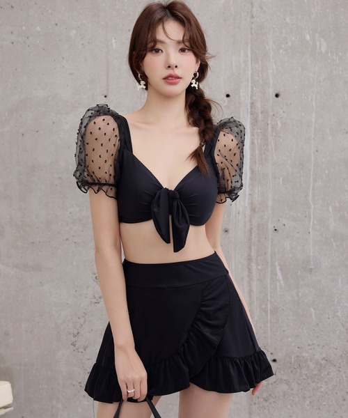 TeddyShop 水着 レディース水着 半袖シアーパフスリフリルリボン