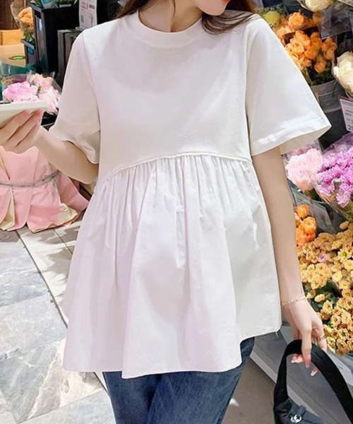 tシャツ 胸切替ギャザーAラインTシャツ レディース