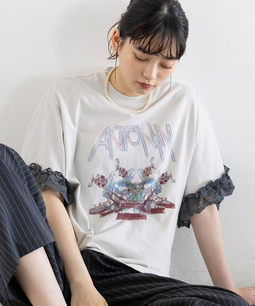 tシャツ 袖レースロックプリントTシャツ レディース