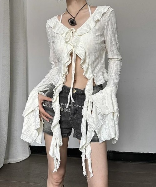 lilful カーディガン グランジラッフル ダメージ加工 ショート丈