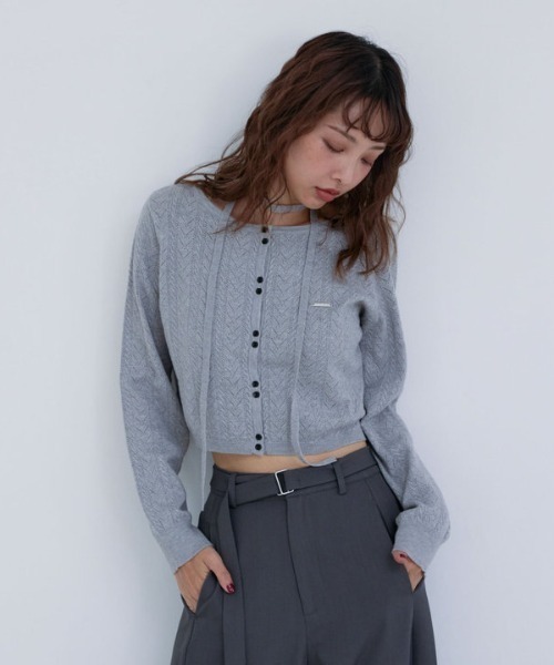 Darich グレー 長袖カーディガン　フラッフィーオーバープルオーバー パイピングオーバーニットカーディガン – Darich