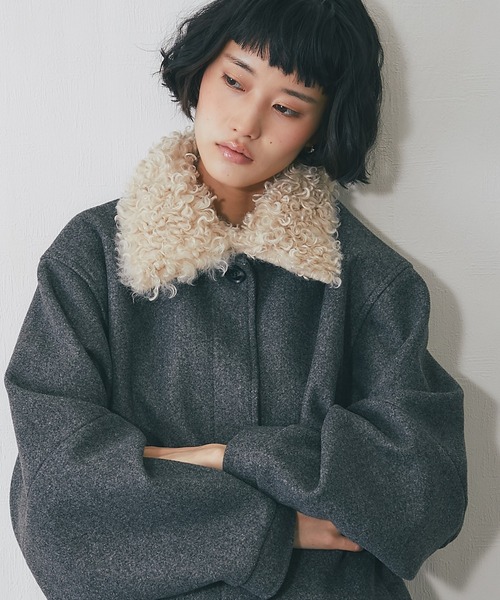 ブルゾン アウター 2WAYフェイクウール襟プードルファーショート