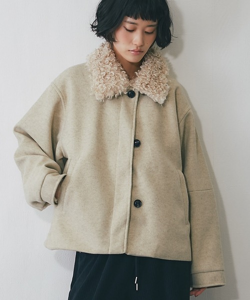 ブルゾン アウター 2WAYフェイクウール襟プードルファーショート