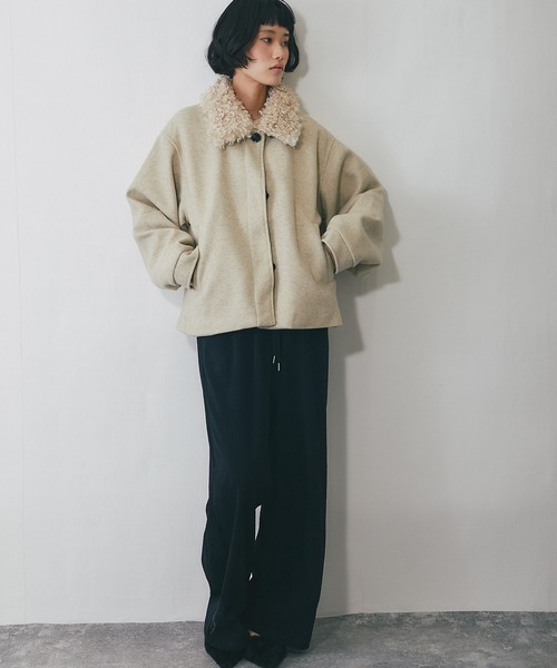 ブルゾン アウター 2WAYフェイクウール襟プードルファーショート