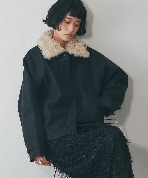 ブルゾン アウター 2WAYフェイクウール襟プードルファーショート