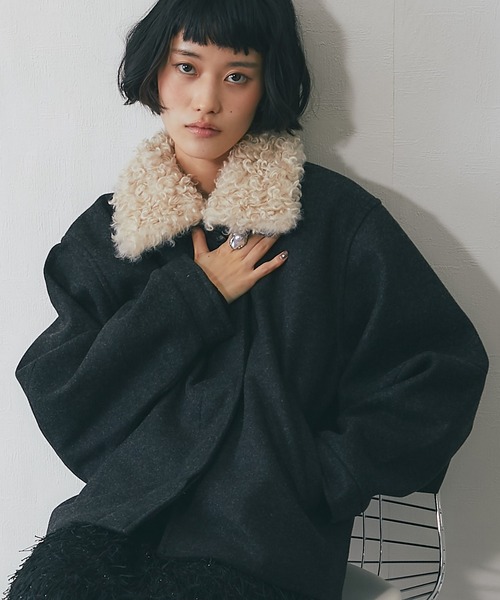 ブルゾン アウター 2WAYフェイクウール襟プードルファーショート