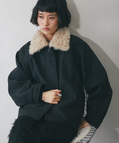 ブルゾン アウター 2WAYフェイクウール襟プードルファーショート