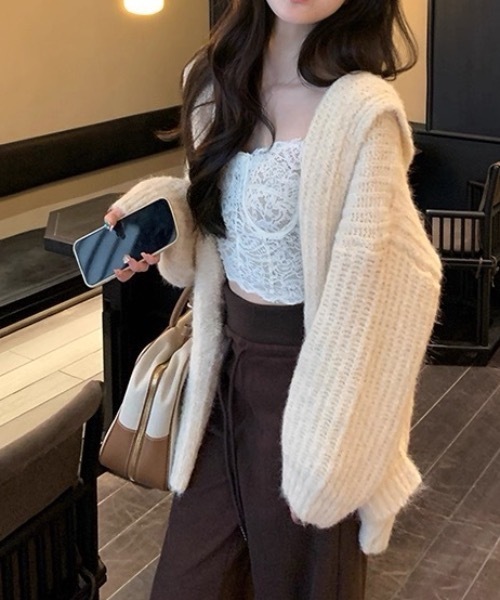 viavanda フード付きカーディガン VIAVANDA カーディガン FLUFFY KNIT CARDIGAN レディース : ZOZOTOWN