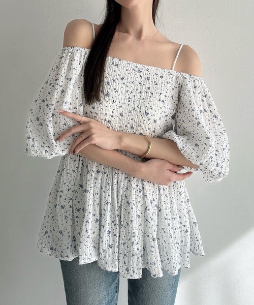 Meiru ブラウス シャツ 2wayオフショル花柄ペプラムトップス