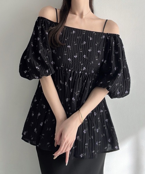 Meiru ブラウス シャツ 2wayオフショル花柄ペプラムトップス