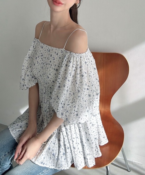 Meiru ブラウス シャツ 2wayオフショル花柄ペプラムトップス