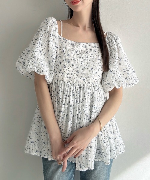 Meiru ブラウス シャツ 2wayオフショル花柄ペプラムトップス