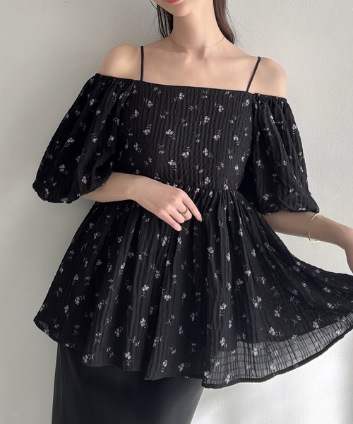 Meiru ブラウス シャツ 2wayオフショル花柄ペプラムトップス