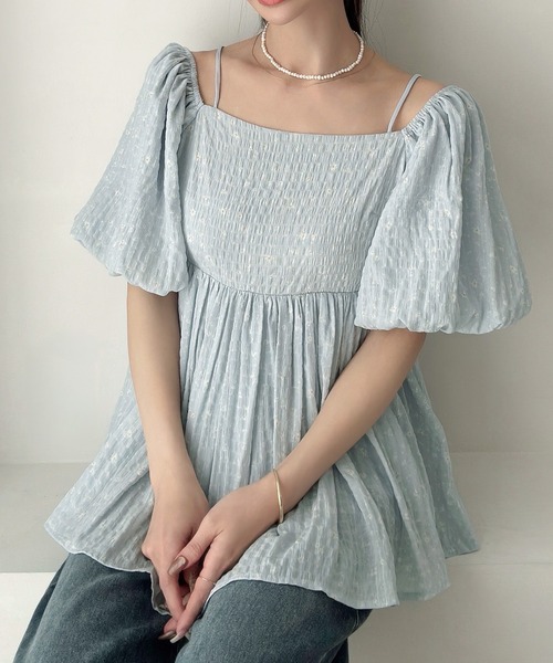 Meiru ブラウス シャツ 2wayオフショル花柄ペプラムトップス
