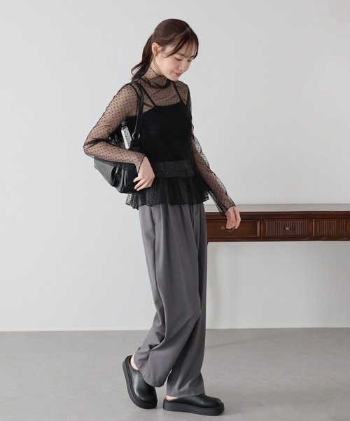 シスタージェーン 花装飾 シアー ドット ペプラム ブラウス 黒 ボリューム袖 BLUEEAST（ブルーイースト） tシャツ シアードットペプラムブラウス