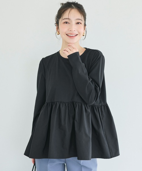 美品☆ 異素材 ドッキング 長袖 カットソー M ブラック coca（コカ） tシャツ 異素材切り替え長袖Tシャツ レディース