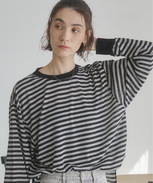 ANGIE tシャツ シアー ボーダー オーバーサイズ ロンT レディース