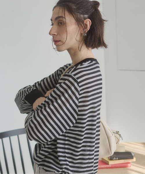 ANGIE tシャツ シアー ボーダー オーバーサイズ ロンT レディース