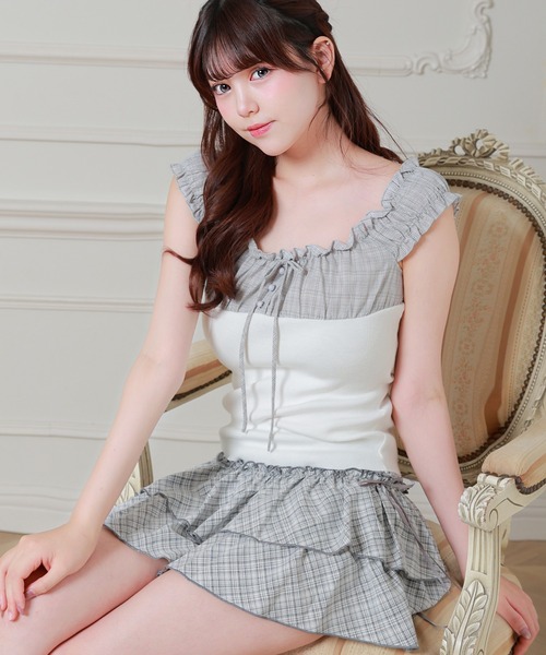 Anely スカート チェック柄 サイド リボン ティアード ミニ スカート