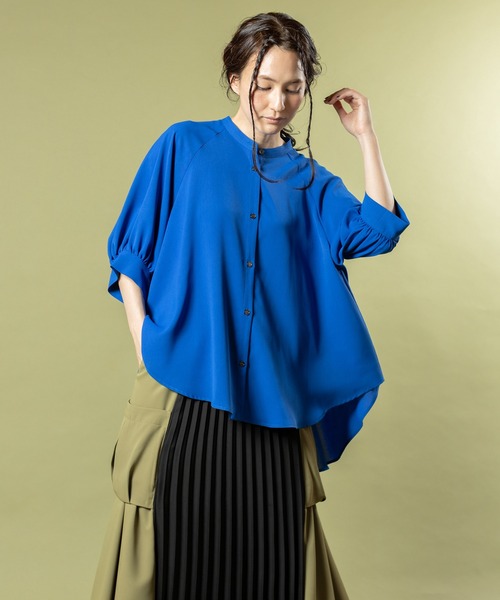 人気　慈雨　変形半袖ブラウス　洗える　ゆったりサイズ　コットン混 OSMOSIS（オズモーシス） ブラウス シャツ 半袖 変形ラグランギャザー