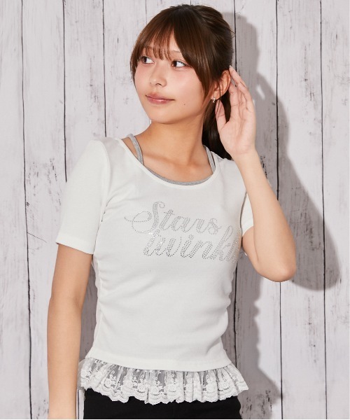 tシャツ 半袖 「ラインストーンロゴ×レースレイヤード」カットソー